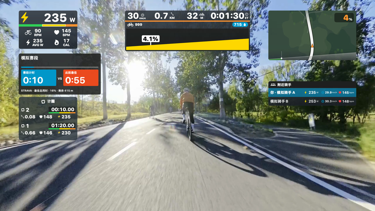 实拍骑行画面上的 Zwift 原生 HUD，附近骑手、赛段、计圈与指标为模拟